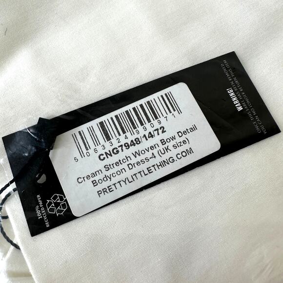 NWT PrettyLittleThing Cream Stretch Woven Bow Detail Bodycon Dress Size 4 - Picture 7 of 11